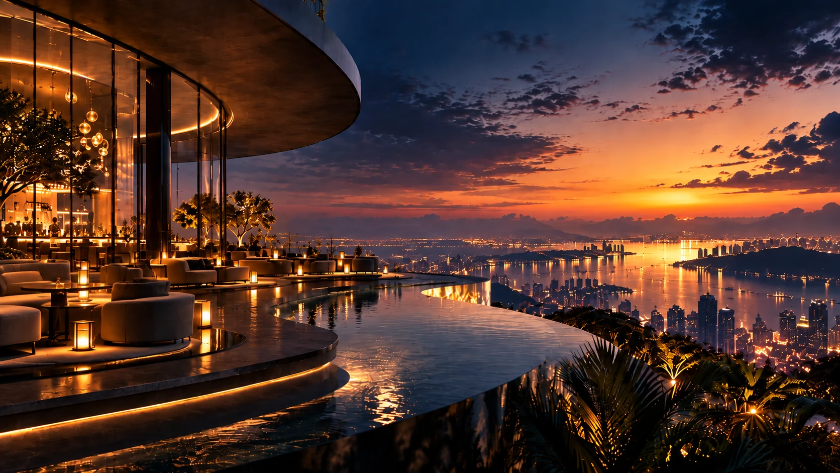An open horizon from a contemporary terrace at sunset